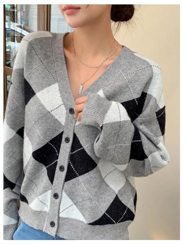 SHENHE Women's Argyle Sweater Button Down V Neck Plaid Cardigan Sweater Outerwear4