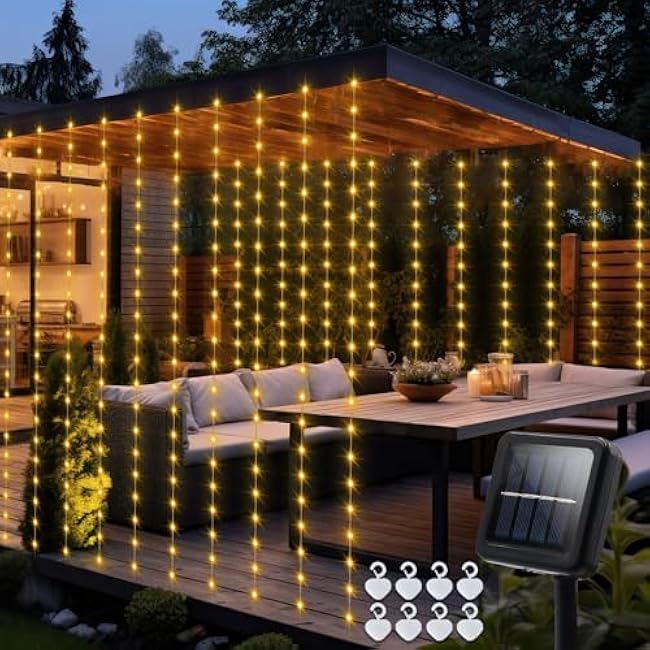 Solar Curtain Lights 7.9ft x 6ft 144 LED Outdoor Curtain Lights Waterproof with Timer 8 Modes for Christmas Garden Patio Fence Wedding Wall Window Gazebo Decor - Warm White