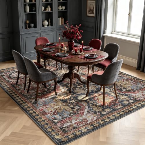 Image of RUGSURE Washable Area Rugs - Perfect for Living Room, Bedroom, Kids Room, Nursery - Stain & Water Resistant Non-Slip, Pet & Child Friendly, Vintage Tribal Area Rugs (Rust, 5' x 7')