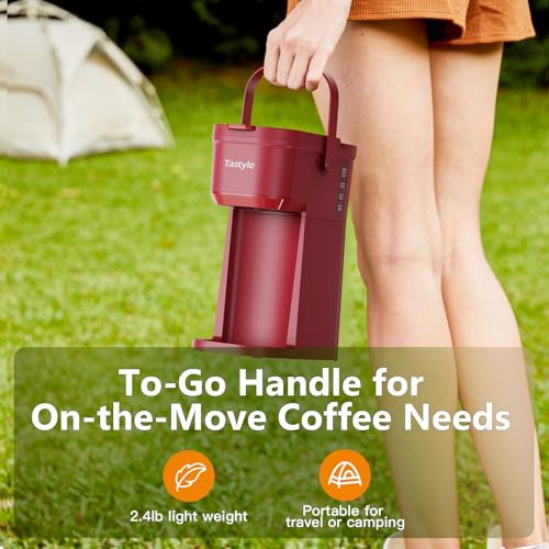 Image of Tastyle Single Serve One Cup Coffee Maker, for K Cups and Grounds, Mini Coffee Maker with Portable Handle, 6 to 12 Oz Brew Size, for Travel, Camping, Office, RV and Dorm, 120V, Vintage Red