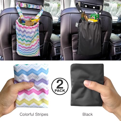 Image of 2 Pack Leakproof Car Trash Bags Detachable Waterproof Garbage Bags with Drawstring Hanging Organizer for Back Seat & Travel Black