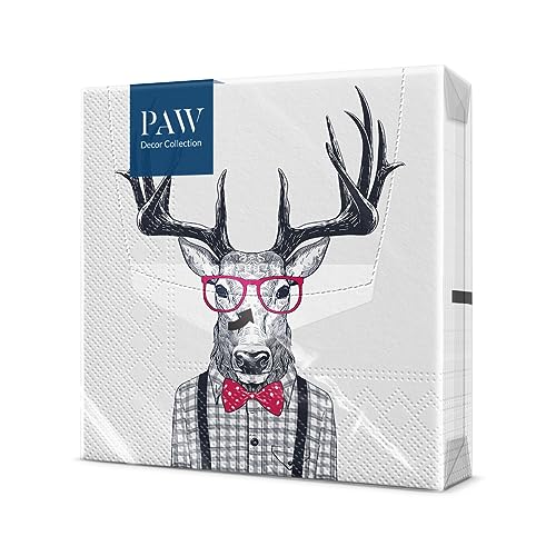 PAW - Servietten 3-lagig (33 x 33 cm) I 20 Stück I Perfekt für Kindergeburtstage, Partys, Kommunion und Feiern I Papierservietten Bunt mit Party Motiv I Hirsche im Hemd, Tiere - Oh Deer