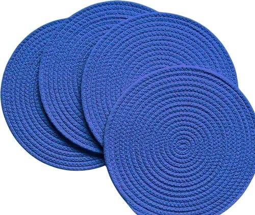 Image of Cotton Rope Placemats, Round Red with White Border, Set of 4, Heat Resistant Table Mats (Blue)