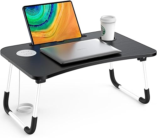 Elekin Escritorio plegable para laptop, escritorio portátil para laptop, mesa de trabajo, mesa de trabajo, bandeja de cama con 4 puertos USBsoporte