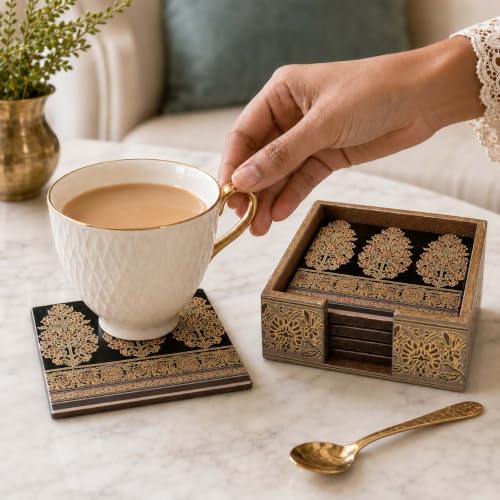 Image of The Earth Store Premium Royal Heritage Wooden Coaster Set of 6 with Matching Holder - Engineered Wood with Resin Art Wooden Coaster | Tea Coaster Set of 6 | Square Coaster Set for Dining Table