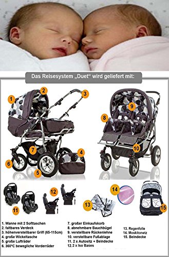 ZWILLINGS- UND GESCHWISTERWAGEN"DUET" MEGASET: INKL. 2 x AUTOKINDERSITZE, 2 x ISO-BASE, BEWEGLICHEN VORDERRÄDERN UND MEGA ZUBEHÖR - IN FARBE (D-01) SCHWARZ-ROT