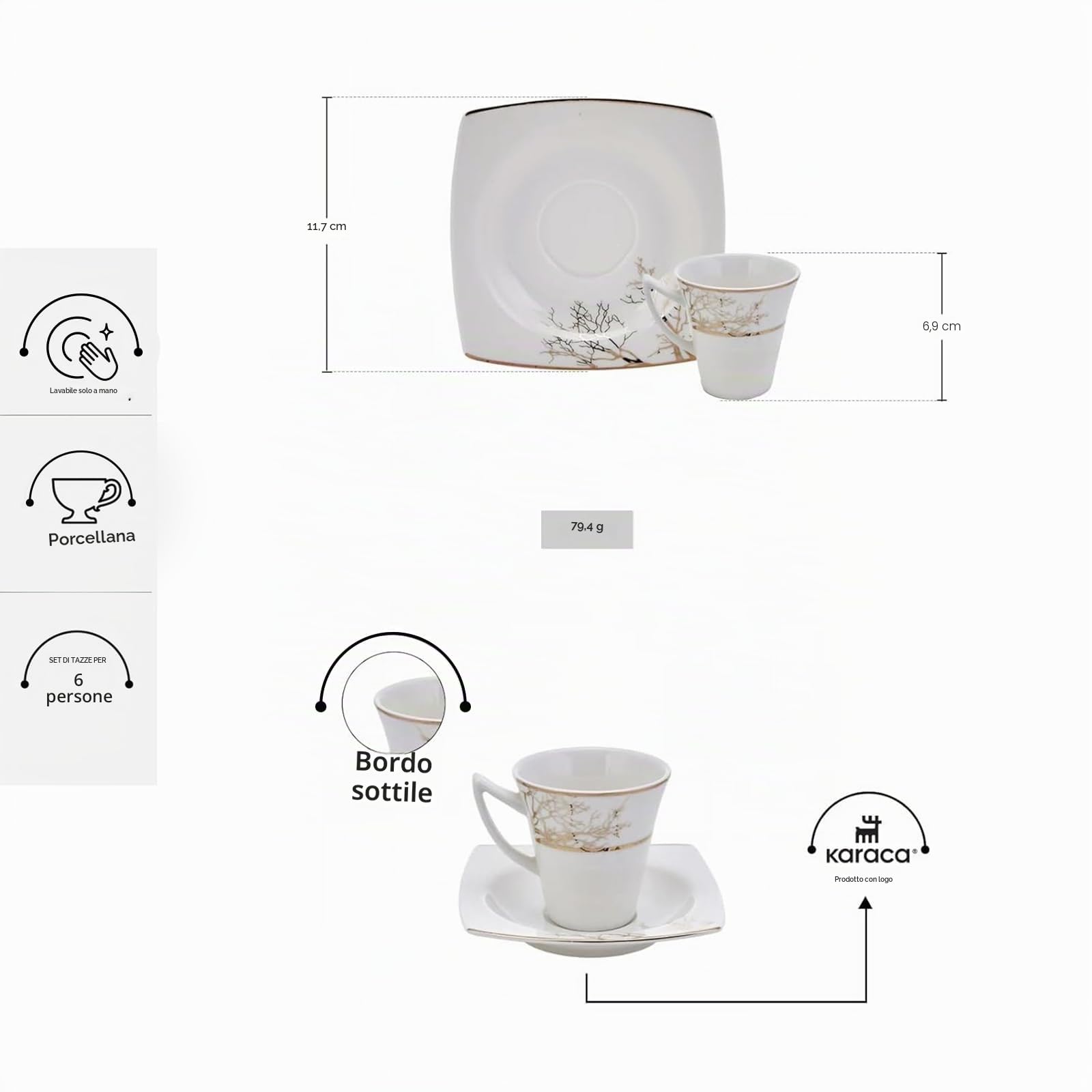 Karaca Set di Tazzine da Caffè Autumn 12 Pezzi per 6 Persone Porcellana Servizio di Tazze da Espresso e Piattini Ideale per Caffè Turco Moka Espresso