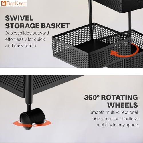 Image of BonKaso 5-Layer Square Multipurpose Kitchen Trolley with Swivel Storage Basket & 360 Rotating Wheels, Black Steel Frame, Easy Mobility, Space-Saving and Durable