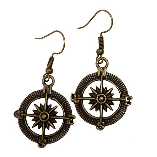 Steampunk Nautical Pirate Compass Earrings Pendant Charm Dangle in Antique Style and Necklace Jewelry