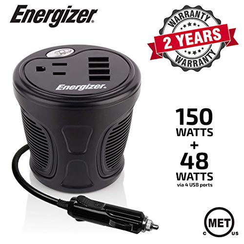 Energizer 150 Watts Power Inverter, 4 USB Ports 48 Watts Total and 2.4 Amps ea, Modified Sine Wave, 12 Volts DC to 110V AC - Ideal for Laptops, Tablets, Cellphones and More Portable Electronics