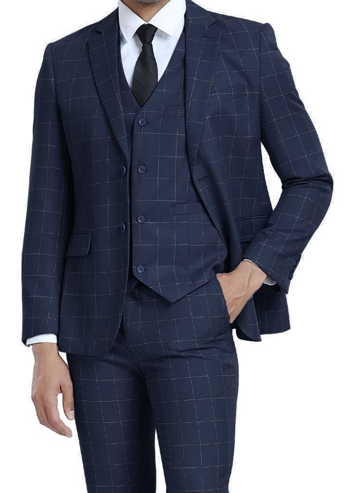 Men's Suits 3 Piece Slim Fit Dress Tuxedo for Men Two Button Solid Jacket Vest Pants Set, Plaid-Navy, XL