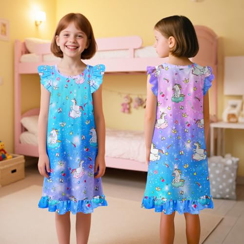 Image of Sylfairy 2pcs Girls Nightgowns, Unicorn Nightgown Princess Pajama Dresses for Girls Sleepwear Nightie