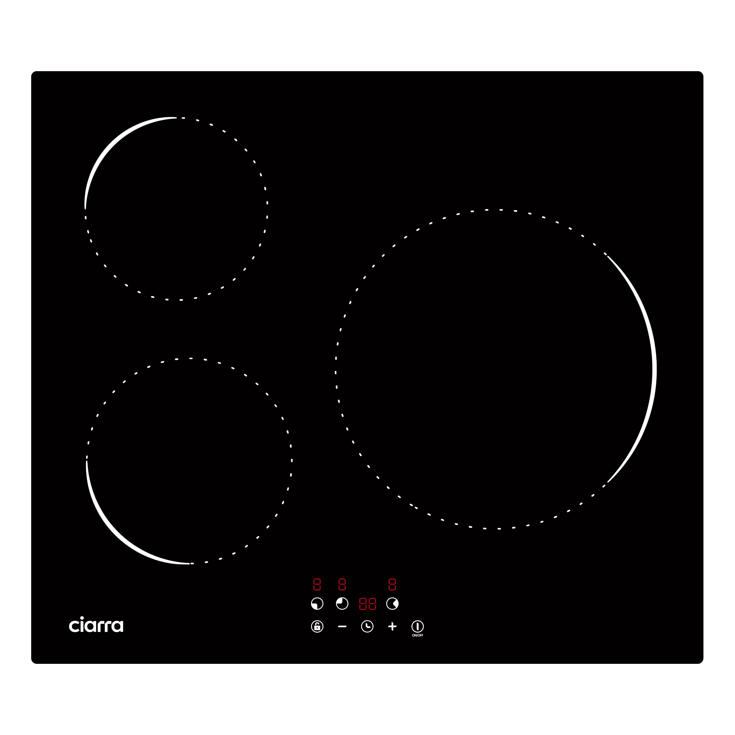 Ciarra CABBIH3-C Placa Induccion 3 Fuegos 60cm, Bloqueo Infantil | Limitador de potencia 2.8kW/3.5kW/5.6kW, Control táctil, 9 Niveles, Temporizador, Apagado Automático