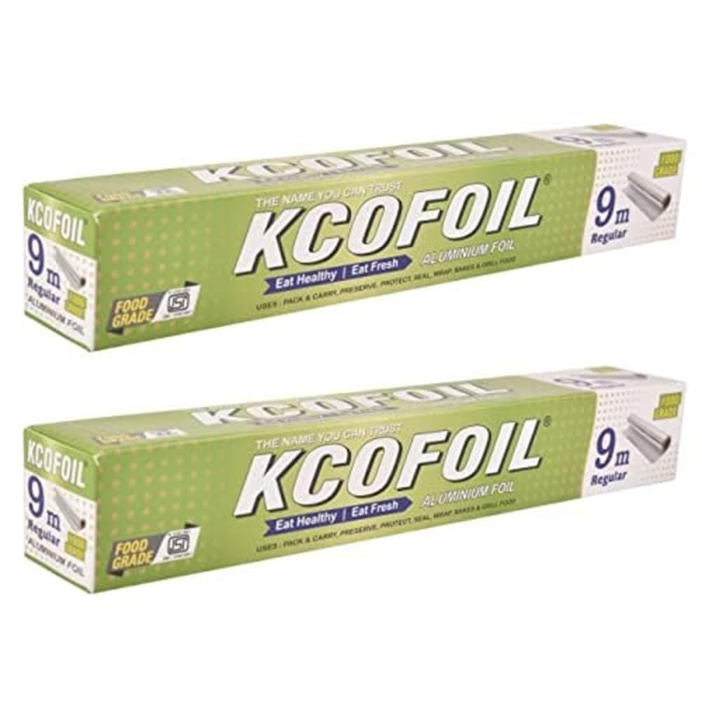 Aluminium Foil Roll 9 Meter Silver Kitchen Foil Paper, 10 Micron Thick, Food Grade & Multipurpose Wrap Pack of 2 Rolls for Cooking, Baking & Storage