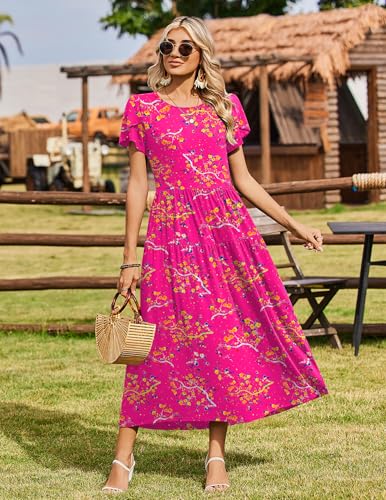 Image of Zeagoo Summer Dresses for Women 2026 Maxi Bohemian Floral Short Sleeve Long Dress Casual Flowy Tired Beach Sundress