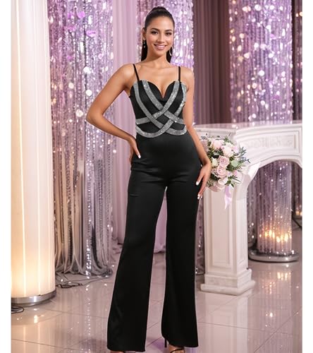 Image of Jigfar Women Sexy Sparkly Rhinestone Spaghetti Straps Bodycon Jumpsuit Wide Leg Deep V Neck Party Club Night Outfit(FK3388,Black,L)