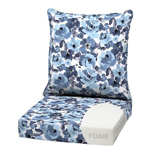 Image of Arden Outdoor Foam Deep Seat Cushion Set, 22 in x 24 in, Weather-Proof, Rain-Proof, Fade Resistant Patio Cushion, Bottom and Back Cushion for Chair, Sofa, and Couch Blue Garden Floral