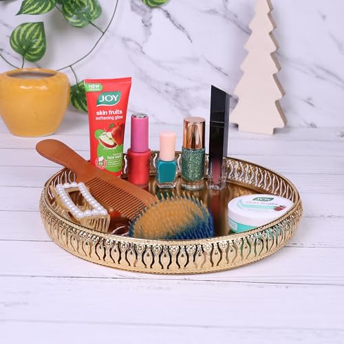 Image of Design Decor Gallery Round German Golden Plated Tray|Round Decorative Tray|Best Gift for Pooja| Decor| Diwali |Anniversary |House Warming Birthday (Pack of 1) Size: 8x8 Inches,Design 3