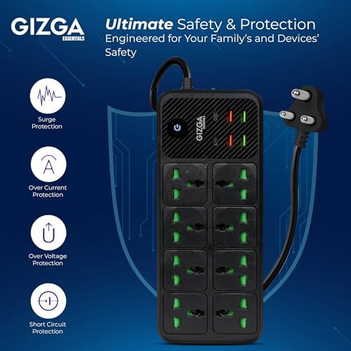 Image of Gizga essentials Power Extension Board with 8 Universal Sockets, 4 USB & 2 Type C Port| Socket with 2M Cord, Surge Protector, Child Safety, Anti-Flaming Body, 10A Output, 250V Multi Plug Adapter