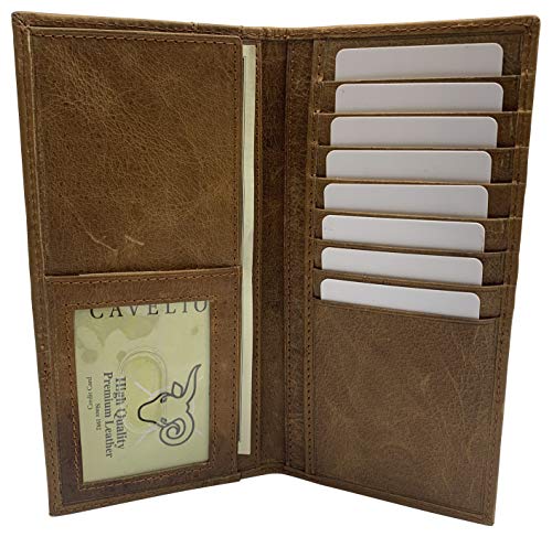 Genuine Leather Long Bifold Checkbook Cover Wallet Multi Card Pocket Holder USA Series (Tan)