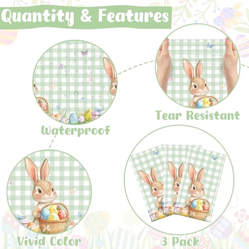 Image of QZYL 3 Pack Easter Tablecloths, 54 inch x 108 inch Disposable Easter Decorations, Sage Green Bunny Plaid Spring Tablecloth, Rectangle Plastic Easter Table Cloth with Easter Party Decorations Supplies Favors