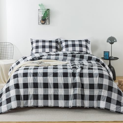 Image of Caressma Black White Comforter Set Twin Size, Classic Buffalo Plaid Comforter Bedding Comforter Sets, Stylish Geometric Plaid Fluffy Home Decor for All Seasons