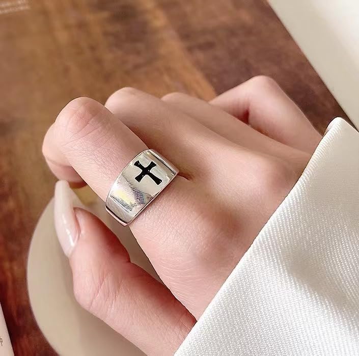 Miniatura 2 de Ch.yishi Handmade Vintage 925 Sterling Silver Wide Band Rings for WomenMen,Adjustable Thumb Finger Ring (Cross)