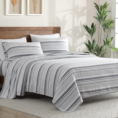 Image of ClevaHome King Sheets Set - 4 Piece Fitted Bed Sheet Set, Stone Stripe | 16 inch Deep Pocket, Super Soft & Breathable, Enhanced Comfort & Easy Care, Classic Stripe Sheet Set