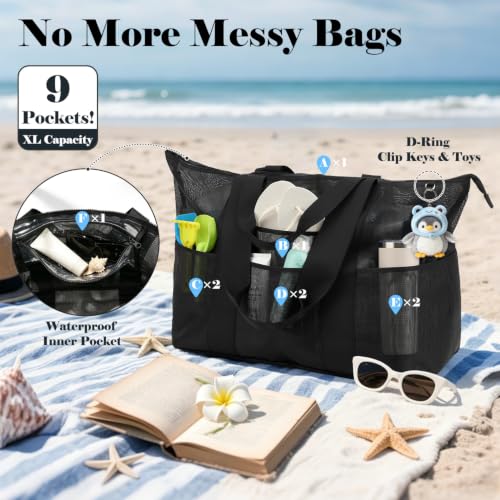 Image of Fammart Large Mesh Beach Bag for Women, Oversized Beach tote Swim Pool Bag