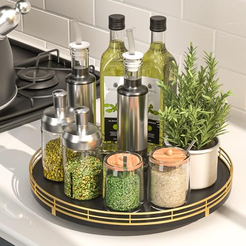 Image of 12 inch Oak Wood Lazy Susan Organizer, Lazy Susan for Cabinet Dining Table Pantry Wood Turntable Organizer Tray for Coffee Table Kitchen Countertop Spinning Spice Can Organization and Storage Round Gold