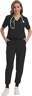Scrub for Women Set Classic V-neck Top & Jogger Scrub Pants Medical Uniform Suit with 9 Pockets