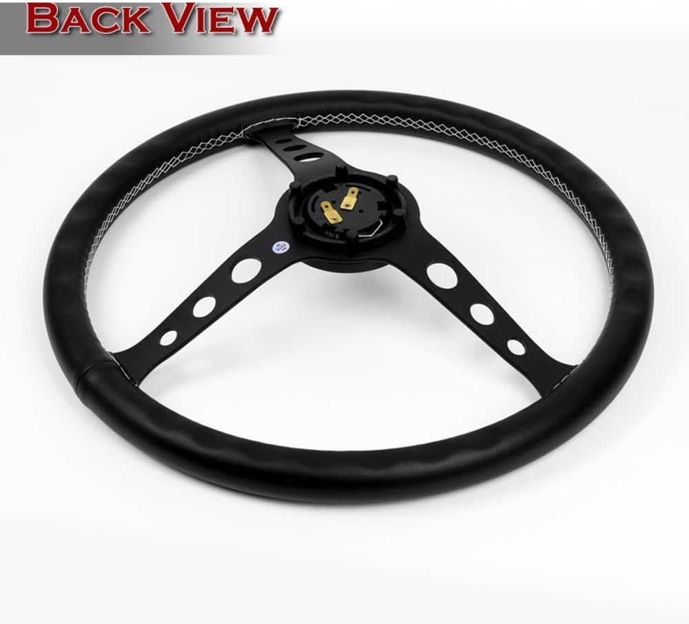 W-Power 15" Reinforced Aluminum Steering Wheel - 380mm 6 Bolt Hole, Black Leather White Stitch, Matt Black Spoke, 3" Deep With Horn Button, JDM Euro VIP Style