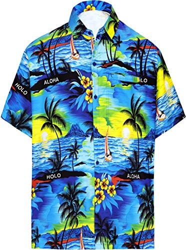 LA LEELA Men's Summer Beach Tropical Palm Tree Party Shirts Shortsleeve Button Up Hawaiian Shirt for Men M Turquoise, Beach