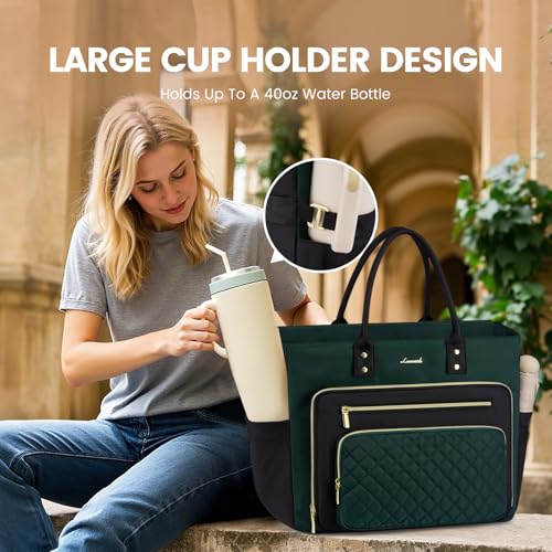 Image of LOVEVOOK Laptop Tote Bag for Women, Work Bags Computer Laptop Bag, Teacher Tote Bag, Professional Briefcase Business Large Purses Handbag Gifts, Dark Green-Black, 17 Inch