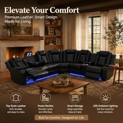 Image of Power Reclining Sectional Sofa for Living Room,Modern L-Shaped Air Leather Sectional Couch Set,Recliner Sofa Set,with LED Lights,Cup Holder,Storage,Charging Ports,Home (Sectional+C)