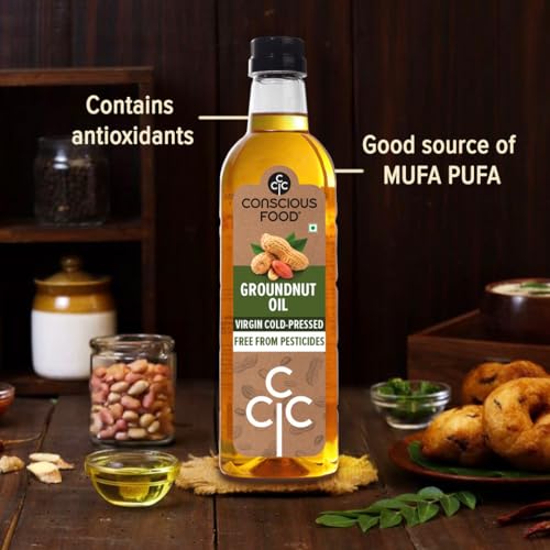 Image of Conscious Food Cold Pressed Groundnut Oil |1 liter X Pack of 2 | Peanut Oil | Natural | Cooking Oil | Kolhu /Kacchi Ghani /Chekku | Mungfali tel | PET bottle