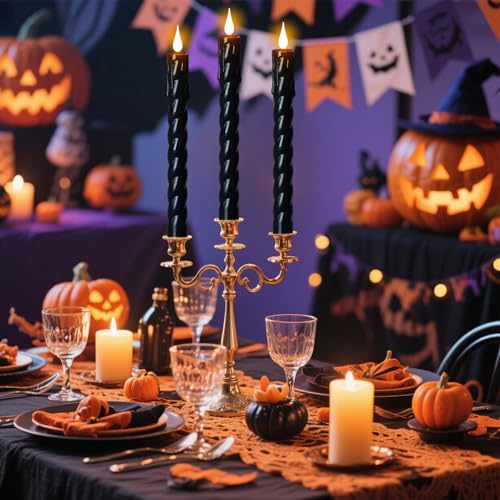 Image of Flickering Flameless Taper Candles with Remote and Timer, 2 Pack Battery Operated LED Taper Candles 3D Wick Plastic Dripping Effect Dinner Halloween Indoor Decor(Black, 0.78 inch D x 9.65 inch H)