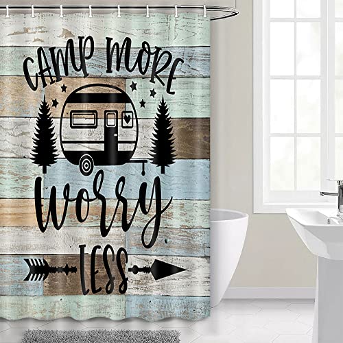 Image of Boziqr Camper RV Shower Curtain Travel Trailer Bathroom Accessories Decor Country Wooden Board Farmhouse Rustic Camping Shower Stall Curtains 48x72 Inches