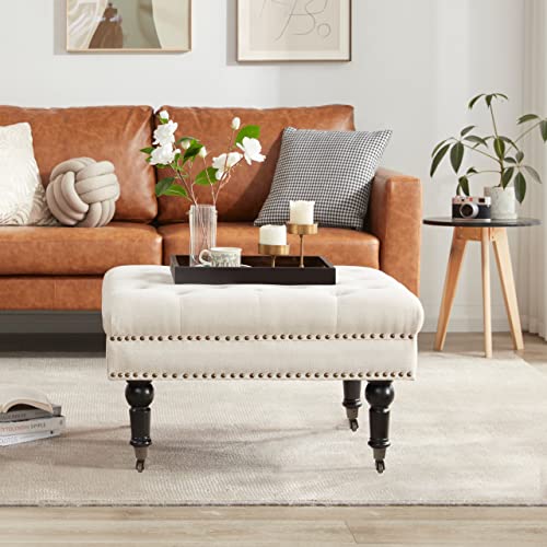 Kingfun Large Square Tufted Ottoman Coffee Table With Tray & Casters Wheels, Oversized Linen Cocktail Ottoman Bench, Upholstered Coffee Table Ottomans, Foot Rest Stool For Living Room(Beige) #TOP2
