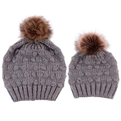 2PCS Parent-Child Hat, Mother Child Daughter Son Baby Winter Warm Soft Knit Hat Family Crochet Beanie Ski Cap with Pom Pom Grey