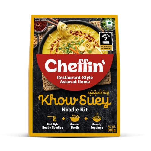 Cheffin' Khow Suey Noodle Kit, 310g | With Coconut Broth and Crunchy toppings | Chef-style Ready Noodles | Ready in 2 Mins | No Artificial Preservatives