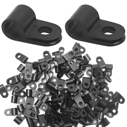 100pcs Cable Clamps 1/4 Inch, Clamp for Electronic Wires Cables Home Wiring Setups, Black Color, R Type, Plastic Material, Easy to Install