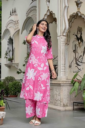 Image of Women's Floral Print Rayon Kurta Palazzo, Round Neck Half Sleeve, Regular Fit, Ethnic Casual Wear