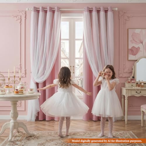 Image of MYSKY HOME Pink Blackout Short Curtains 63 inch Length for Bedroom Girls & Nursery Kids Blush Princess Curtains Double Layer with Polka Dots Sheer, Grommet Tops, 52 inch Wide, 2 Panels