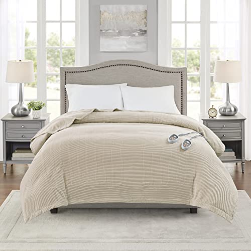 Image of Beautyrest Electric Blanket Luxurious Micro Fleece Ultra Soft Ribbed Textured, Cozy and Snuggly Cover for Cold Weather, Fast Heating, Auto Shut Off, 20 Level Heat Setting Controller, King, Beige