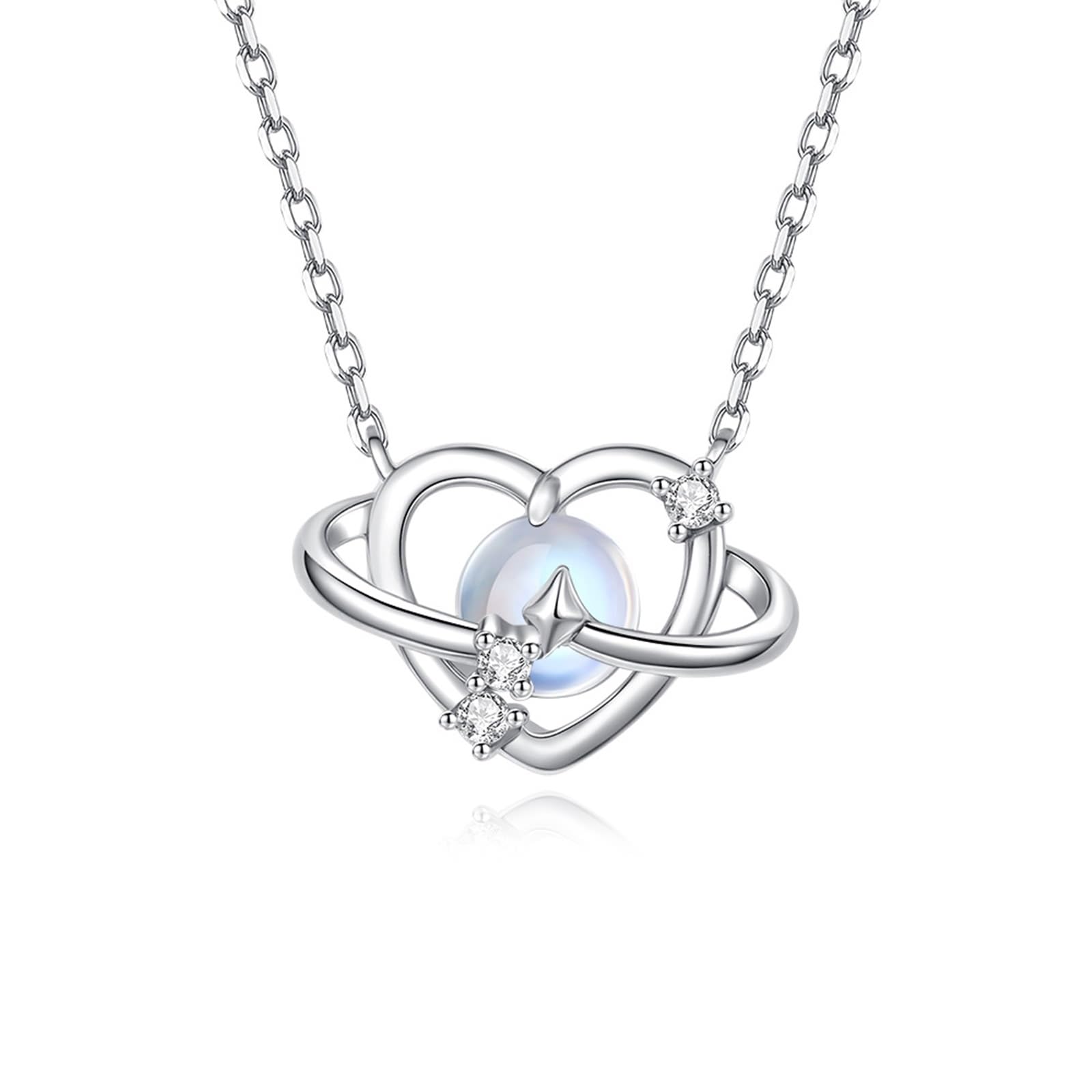 Collana in oro bianco 9 K 375 con pietra di luna, ciondolo a forma di cuore, pianeta e stella, 45 cm