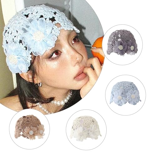 Girls Pullover Hat Handwoven Cap with Flower for Vacations Photo Props Folk Headpiece Handmade Cap Headgear Hat2