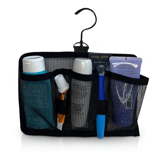 Generic Hangable Mesh Shower Travel Kit Caddy - Large Capacity Travel Organizer with 3 Compartments and 2 Elastic Bands (black) (Swivel Hook)