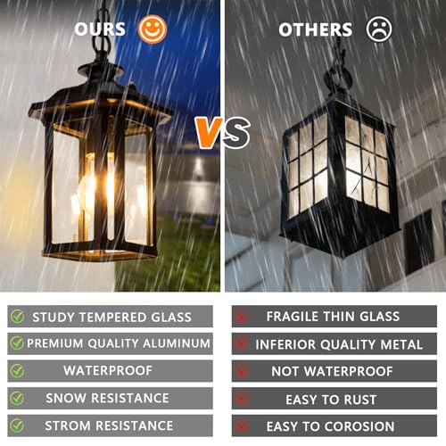 Image of JYZ Dusk to Dawn Outdoor Pendant Lighting, 16 Inch Large Exterior Hanging Lantern Light Fixture, Classic Black Outside Hanging Lamp for Porch Hallway Foyer Patio Gazebo