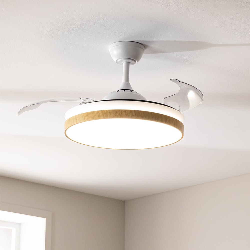 Cecotec Ventilatore da Soffitto con Luce Energysilence Aero 4320 Invisible Wood&White. 35W. 6 Velocità. Pale Retrattili. Telecomando. Timer. LED Integrato. Intensità Luminosa Regolabile